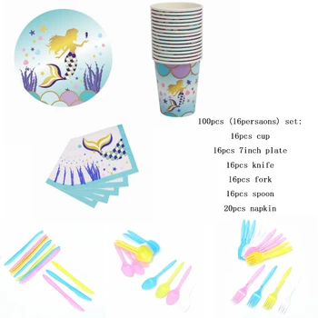 

100pcs Mermaid Theme Girls Favor 16 Persons Set Birthday Baby Shower Party Cup Plate Napkin Tableware Set Supplies