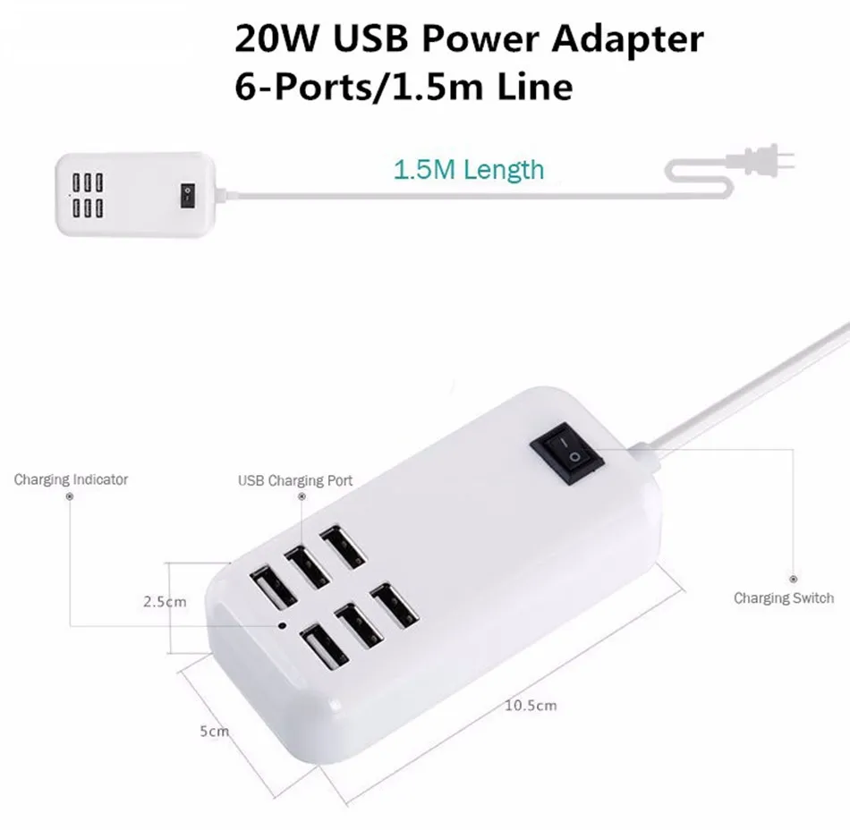 6 USB зарядное устройство EU/US Plug 6 usb портов несколько настенных 20 Вт 3A 1,5 м смарт-адаптер для мобильного телефона планшета зарядное устройство для iPhone iPad