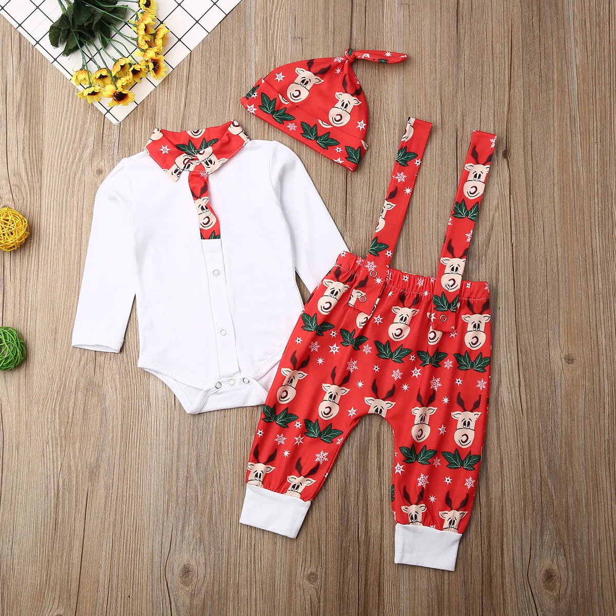 Рождественский комплект одежды из 3 предметов для маленьких мальчиков и девочек 0-18 месяцев, комбинезон с длинными рукавами и шапочка, хлопковый Рождественский комплект одежды