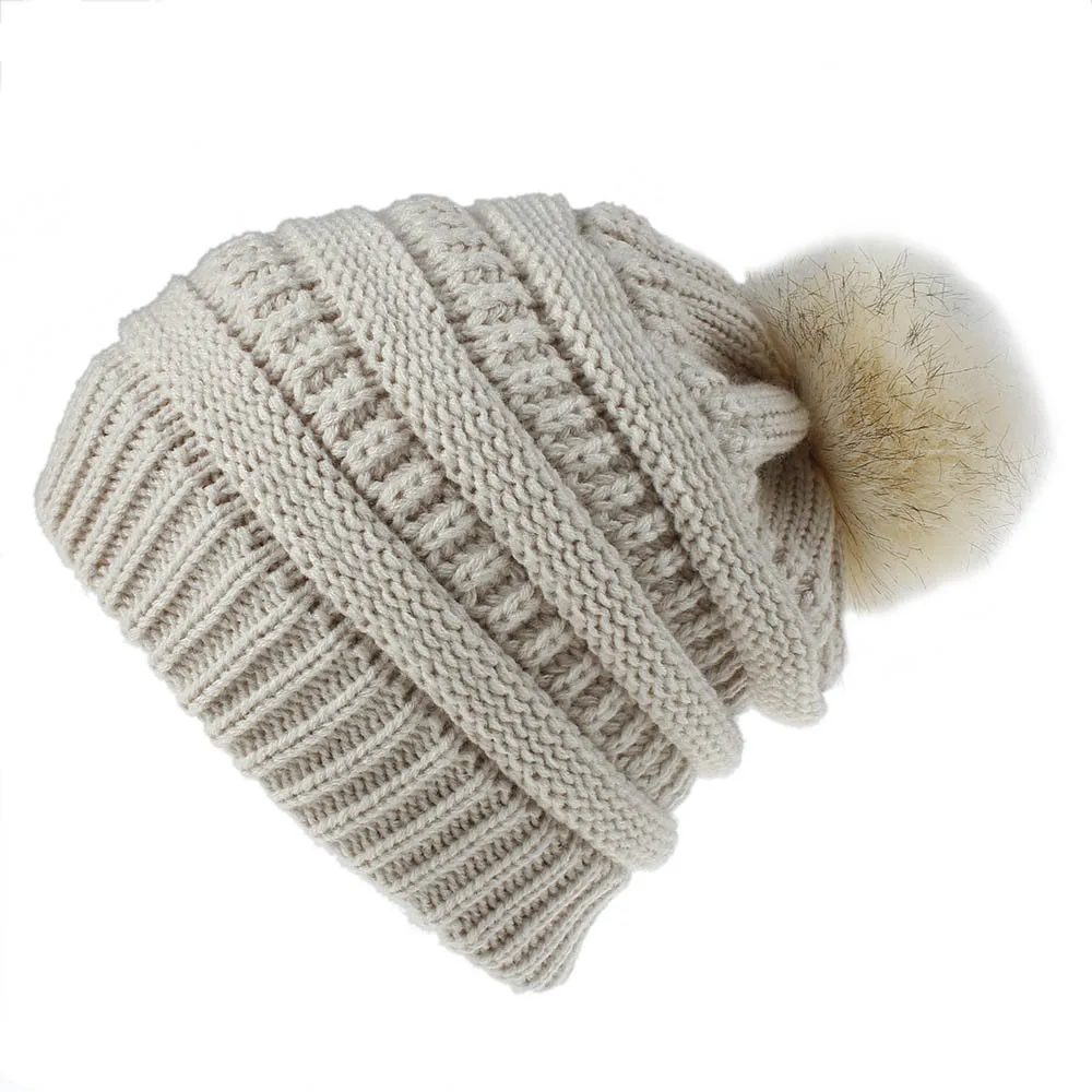 Женская вязаная шапка с помпоном из искусственного меха зимние облегающие шапки