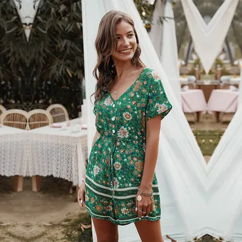 

2020 New Summer Sexy Playsuits Women Lace up Loose Casual Short Sleeve Print Playsuits