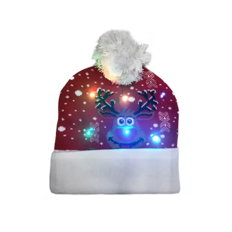 LED Christmas HAPPY NEW YEAR Knitted Hats Light-up Xmas Knit Beanie Adults Cap