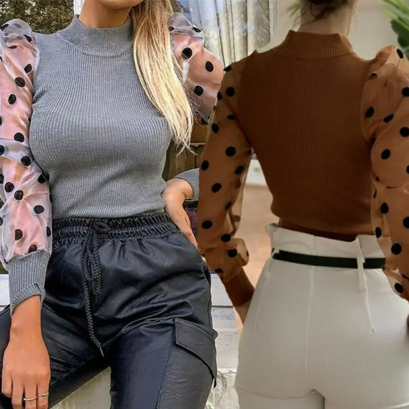 Turtleneck Knitted Polka Dot Puff Long Sleeve Blouse Women Mesh Sheer See-through Shirt Elegant Ladies Slim Tops Blusa Femme