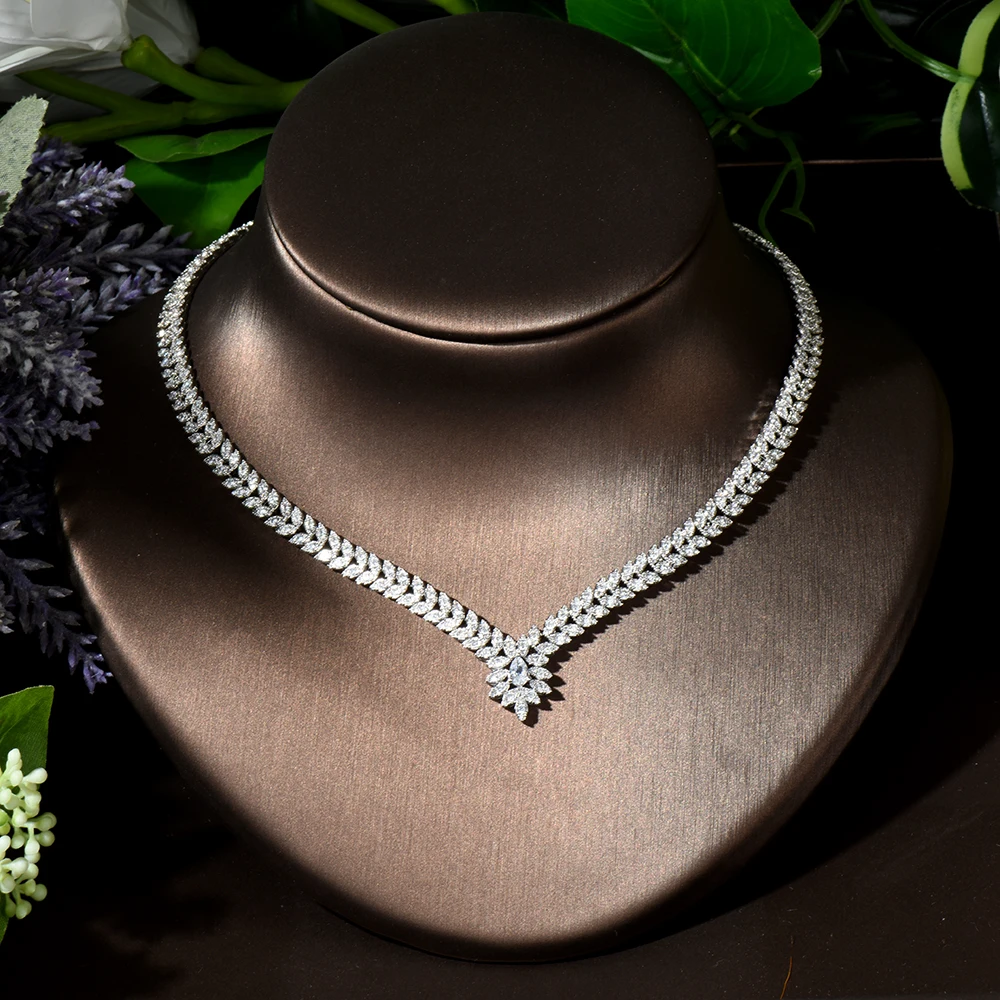 HIBRIDE Simple 4pcs Blue Leaf Water Drop Shape Necklace Earring Set CZ Nigeria Wedding Women Bridal Jewelry Party Gifts N-1839 - Image 4