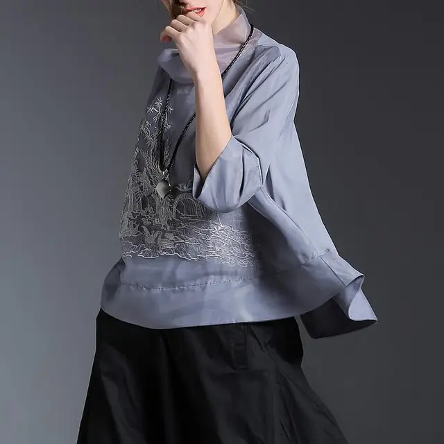 Chinese New Fashion Runway Shirt Chic Embroidered Loose Gauze Shirt Elegant Women's Stand Collar Retro Shirt Tops Quality 3