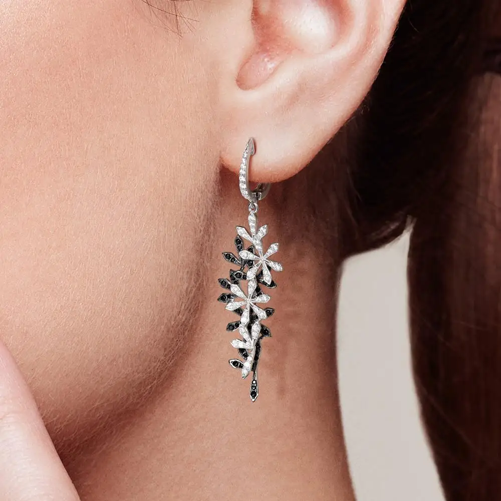 SANTUZZA Silver Drop Earrings For Woman 925 Sterling Silver Black Spinel White Cubic Zirconia Flowers Classical Fine Jewelry