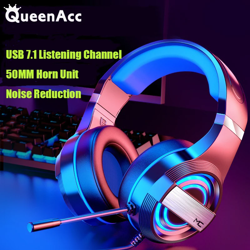 QueenAcc Gaming Headsets USB wired headphones 50mm speaking with mic 7.1 channel noise reduction RGB suitable for PC Notbooks |
