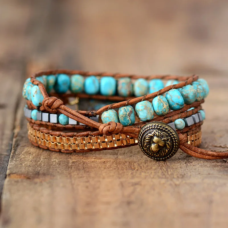 High End Leather Wrap Bracelet W/ Stones Vintage Weaving Statement Art Chain Bracelet Jewellery Gifts