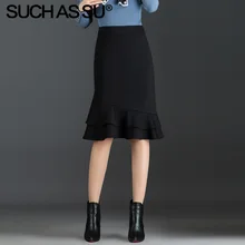 Новая осенне-зимняя трикотажная женская Юбка До Колена,, черная юбка русалки с высокой талией, S-3XL размера плюс, юбка-карандаш с оборками, Женская юбка