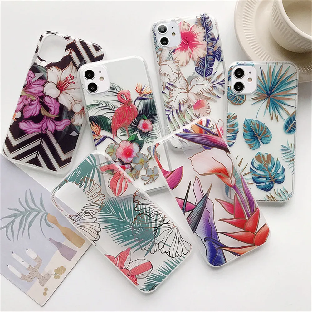 US $203.30 100Pcs Retro Colorful Flower Leaves Phone Case For IPhone 12 11 Pro XR XS Max X 7 8 6S Plus SE2 Flamingo Plating Soft IMD Cover