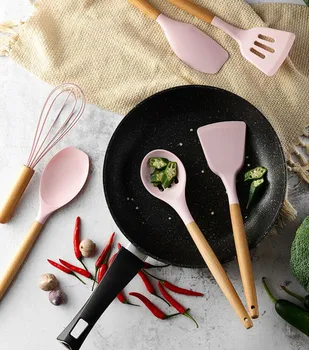 

9/10/12PCS Silicone Cooking Utensils Set Non-stick Spoon Colander Shovel Beater Wooden Handle Cooking Tools Kit With Storage Box