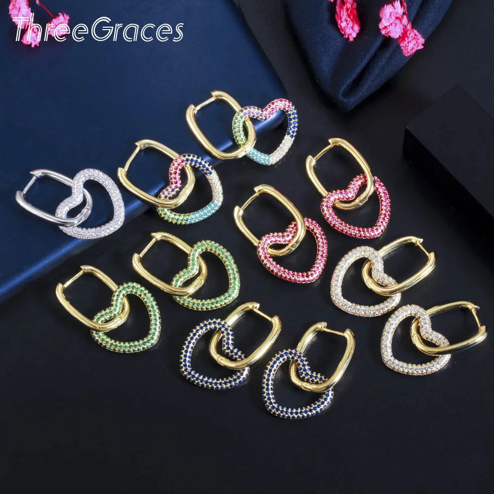 ThreeGraces 1 Pair Fashion Gold Color Multicolor Cubic Zirconia Dangling Love Heart Shape Hoop Earring Women Chic Jewelry ER564