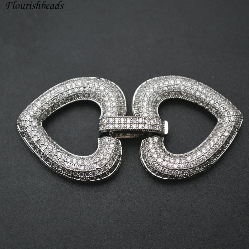 24x48mm Paved CZ Beads Double Heart Shape Necklace Clasps Fashion Jewelry Accessories 5pc per Lot