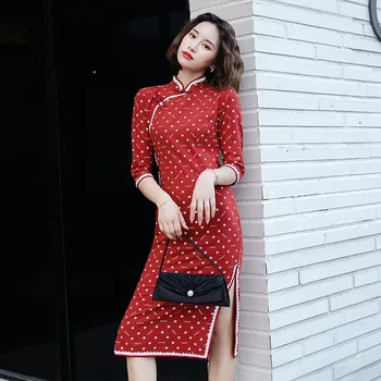 

Sexy Women Evening Party Dress Red Print Star Qipao Mandarin Collar Half Sleeve Cheongsam Vintage Button Vestidos Plus Size