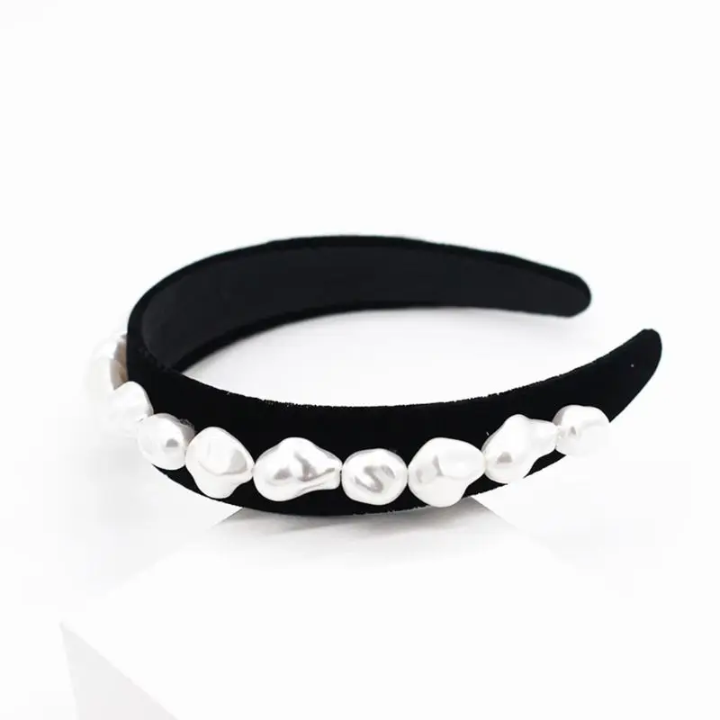 Retro Baroque Irregular Faux Pearl Embellished Headband Black Velvet Cloth Wrapped Wide Hair Hoop Jewelry Palace 4