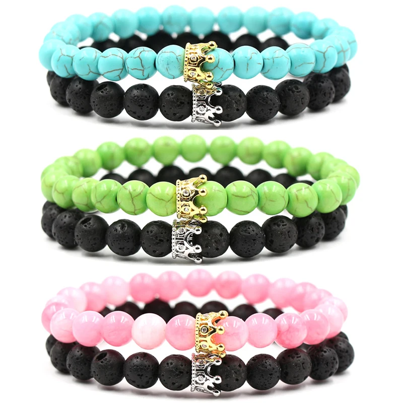 8mm 2Pcs/Set Couples Micro Inset Zircon Crown Bangle Classic Natural Stone Elastic Women Charm Beads Bracelet for Men Jewelry | Украшения и