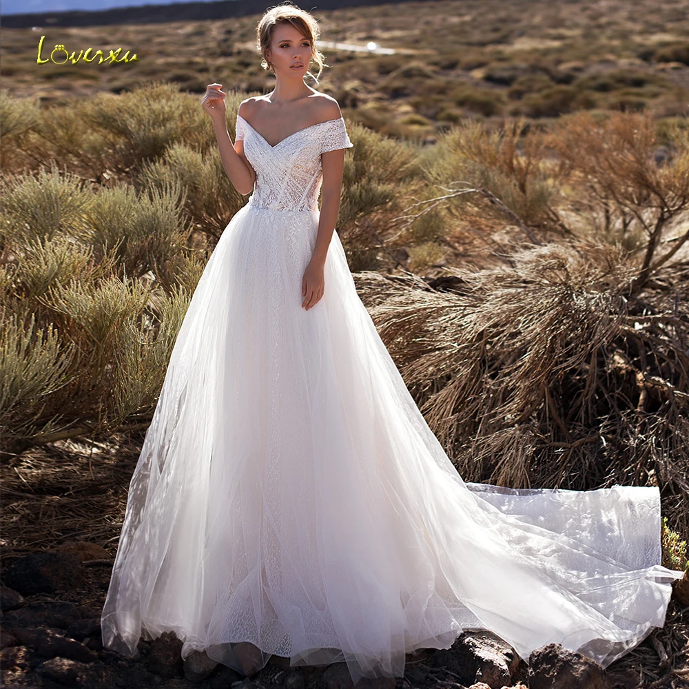 

Loverxu V-Neck A Line Beach Lace Wedding Dress Applique Off The Shoulder Backless Bride Dress Court Train Bridal Gowns Plus Size