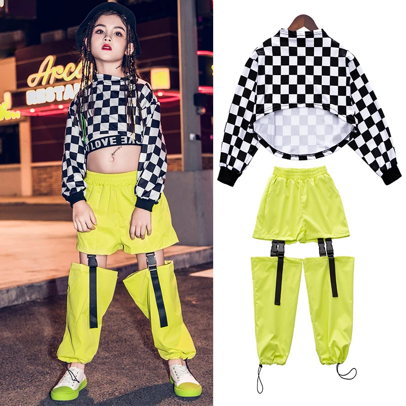 Children Hip Hop Clothes Girls Jazz Dance Costume Plaid Sweatshirt Pants Set Kids Ballroom Street Dancewear Stage Outfit SL2094 |