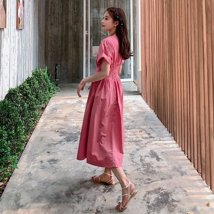 

Photo Shoot 2019 Summer Vigorous GIRL'S Avocado Green Crew Neck Short Sleeve Pleated Waist Hugging Big Hemline Dress Best Friend