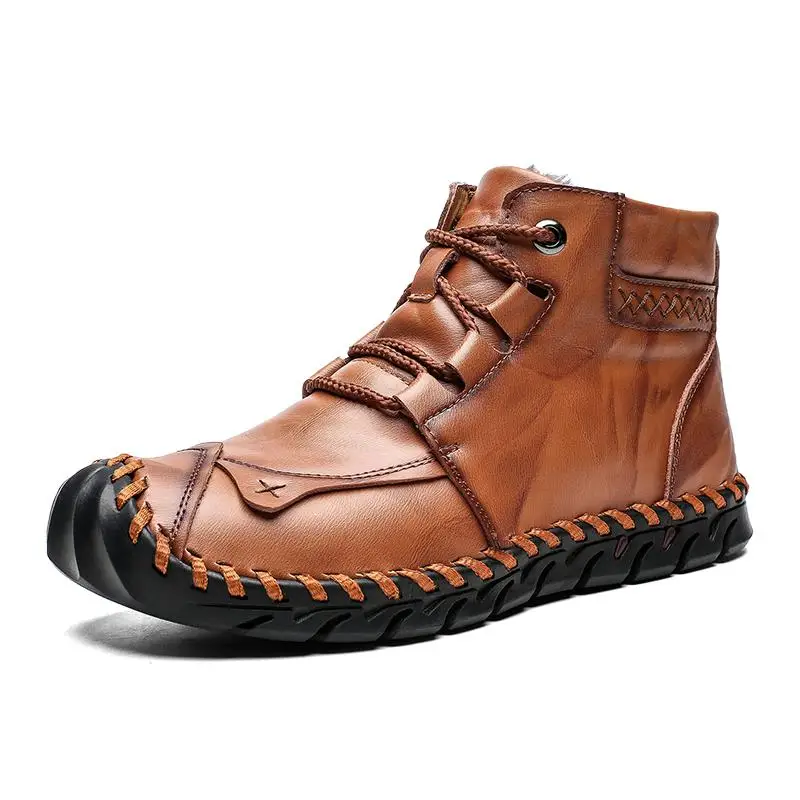 UEXIA Comfortable Men Ankle Boots Quality Split Leather Casual Shoes Men's Snow Boots Winter Sneakers Warm Fur Plush Footwear - Цвет: Yellow Brown
