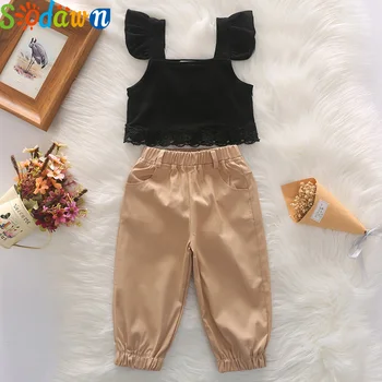 

Sodawn Summer Toddler Baby Girl Clothes Fly Sleeve Lace Cropped Tops Casual Long Pants 2Pcs Outfits Set