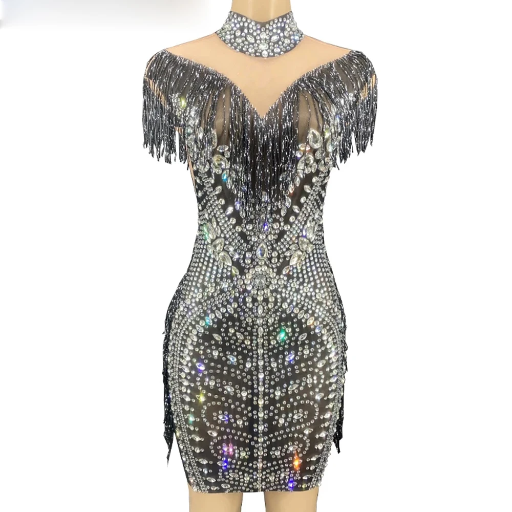 

Роскошное вечернее платье стразы черное прозрачное короткое платье с бахромой вечернее платье для празднования дня рождения бара танцевальные сетчатые платья