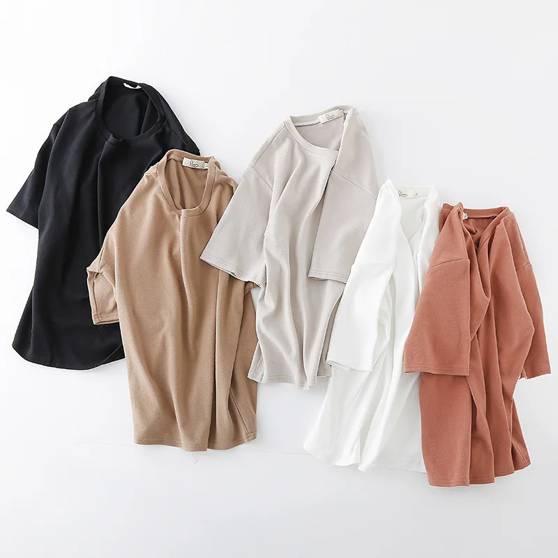 

2019 Summer Korean Fashion Women Loose Solid Color T-shirt O-neck Harajuku Cotton Tees Short Sleeves Candy Girls Cotton T-shirts