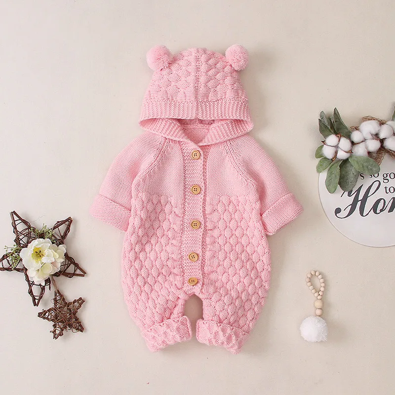 0-24M Newborn Baby Knit Romper Boys Girls Autumn Winter Clothes Long Sleeve Hooded Sweater Jumpsuit Baby Playsuit Outfits