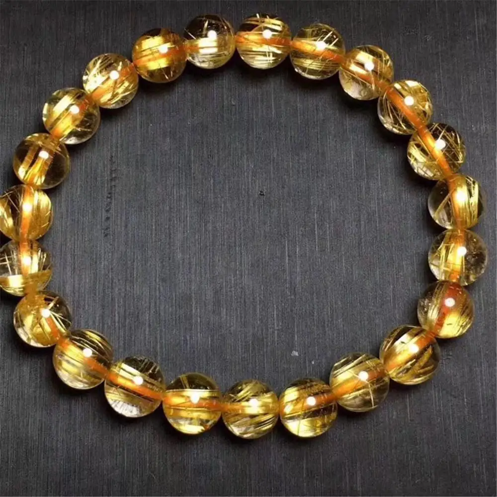 

8mm Natural Brazil Gold Rutilated Bracelet For Woman Man Crystal Titanium Stretch Round Beads Stone Jewelry AAAAAA Certificate