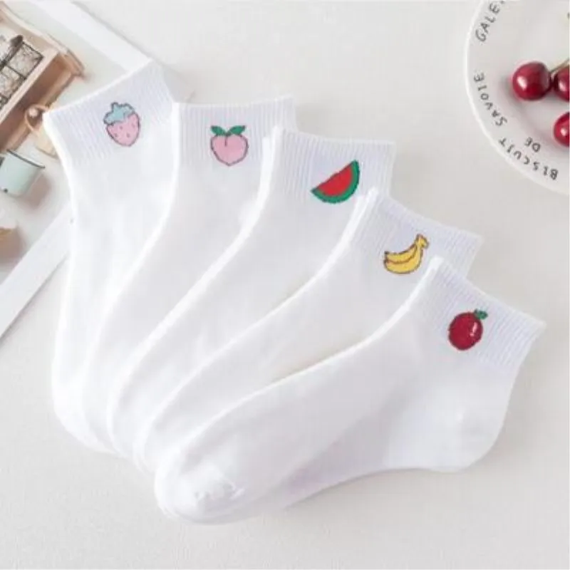 Hot Selling Japanese-style Solid White Fruit Pattern WOMEN'S Low-cut Liners Socks Students' Socks Women's Breathable Short Socks