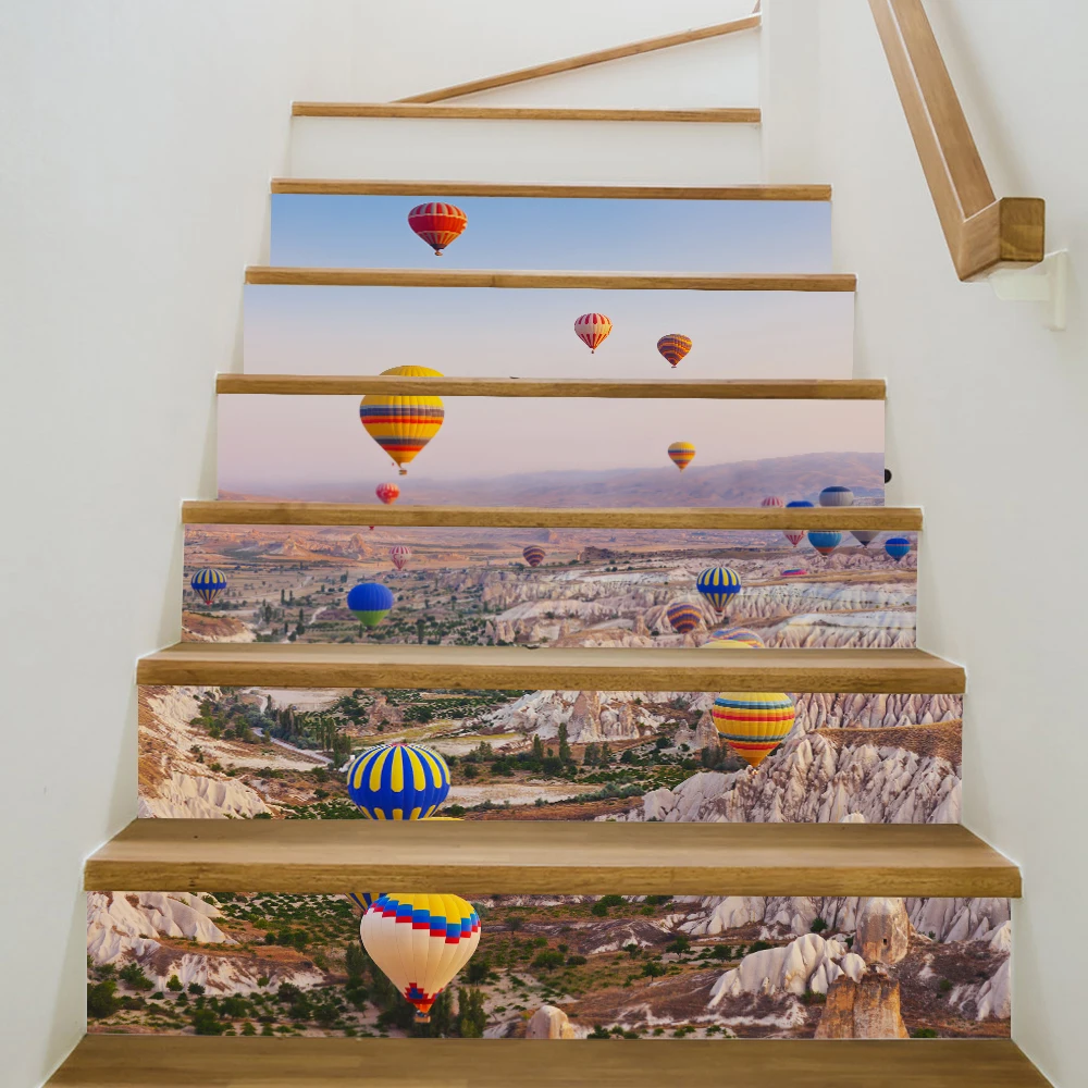 

6pcs Self-adhesive 3D Stairs Wall Stickers DIY Hot Air Balloon Home Decoration PVC Waterproof Tile Sticker Wallpapers 100cm