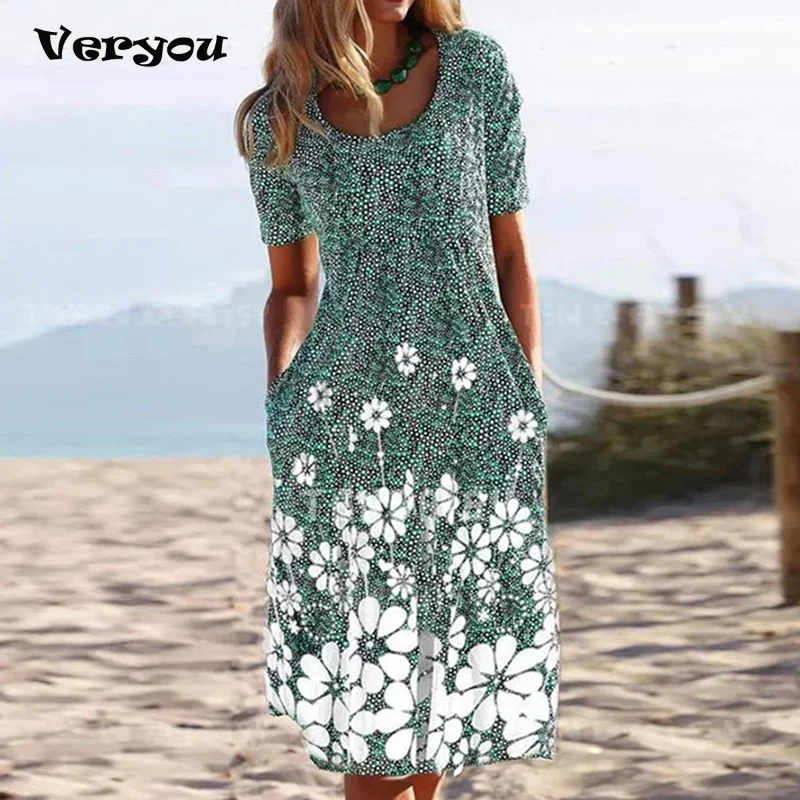 

2021 Summer Women's Print Loose Casual Short-sleeved Dress Beach Midi Dress Bohemian Party Temperament Dresses Women Clothing