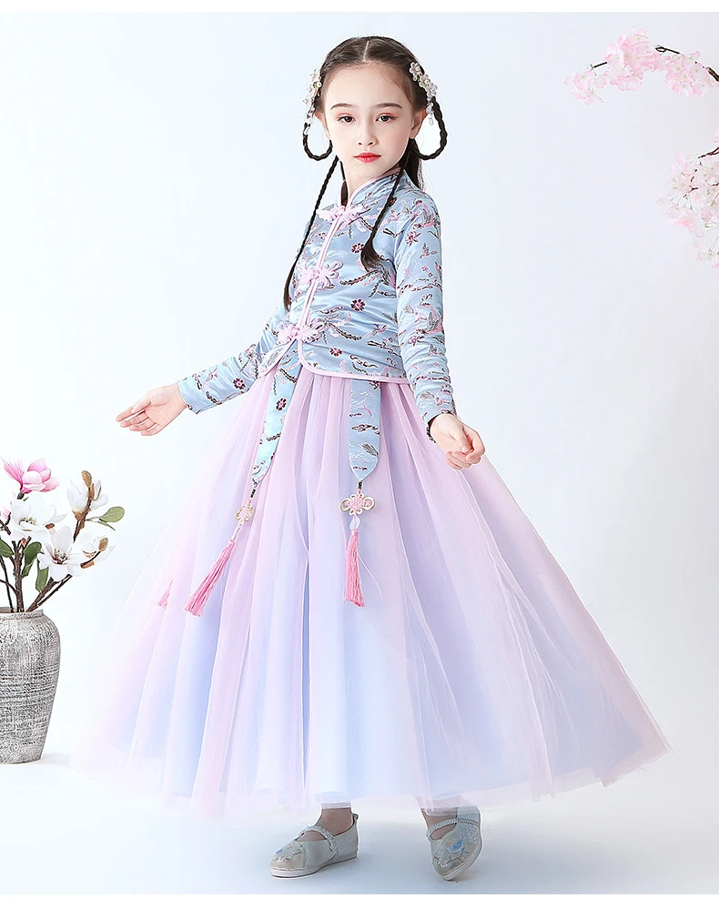 Детское Новогоднее красное платье Hanfu для девочек; платье принцессы с длинными рукавами в китайском стиле ретро; детское платье Ципао с цветочной вышивкой