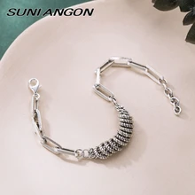 Штабелируемый браслет из пеньковой веревки, Круглый браслет, 925 пробы, серебряные ювелирные изделия, грубая квадратная цепочка, браслет, античное серебро, Женские Ювелирные изделия