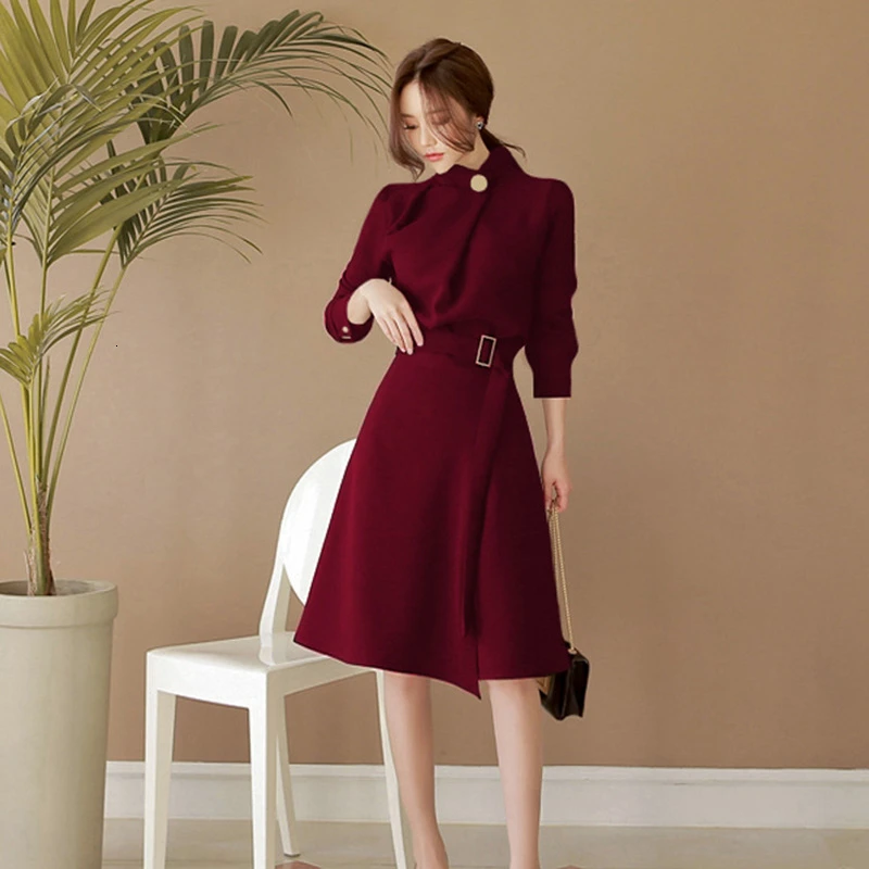 

Foamlina Elegant Women Vintage Dress Autumn Winter Fashion O Neck Long Sleeve Belted Casual Knee Length Work Dress Robe Femme