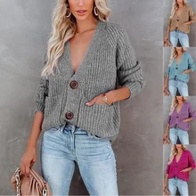 Women's Fashion Plus Size Sweater Loose Casual Long-Sleeved Cardigan Button V-Neck Sweater Coat Hot Sale In Autumn and Winter