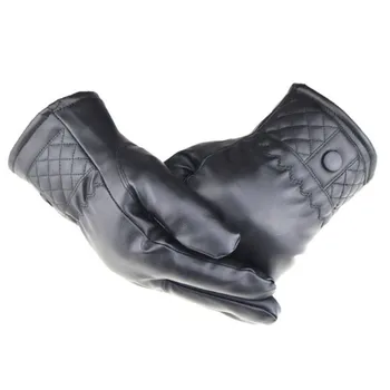 

Gloves Men Winter Leather Black Gloves Button Warm Mittens PU Leather Driving Winter gloves men