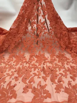 

5 colors fashion African tulle lace fabric orange color French net lace fabric with beads high quality for party dress FFZZ403