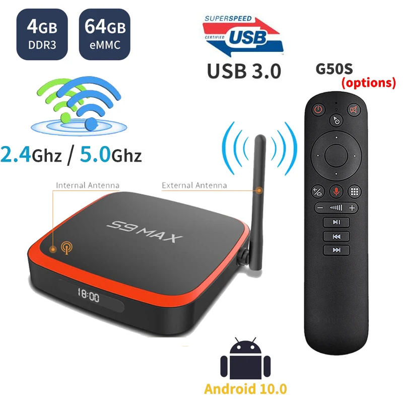 S9 max 4GB RAM 64GB ROM Android 10 TV Box RK3318 4K Media Player 2.4G&5G Wifi with Dual Antenna Google Play Smart TV Set top Box