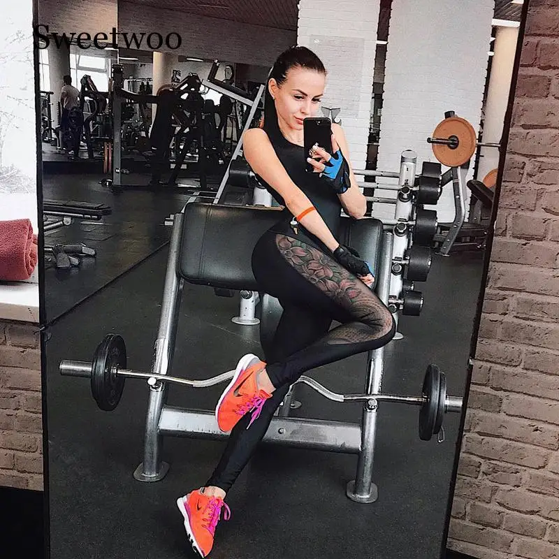 Женская спортивная одежда, комплект с сеткой для йоги, черный спортивный костюм в стиле пэчворк, комбинезон, одежда для фитнеса, спортивная одежда, женская спортивная одежда