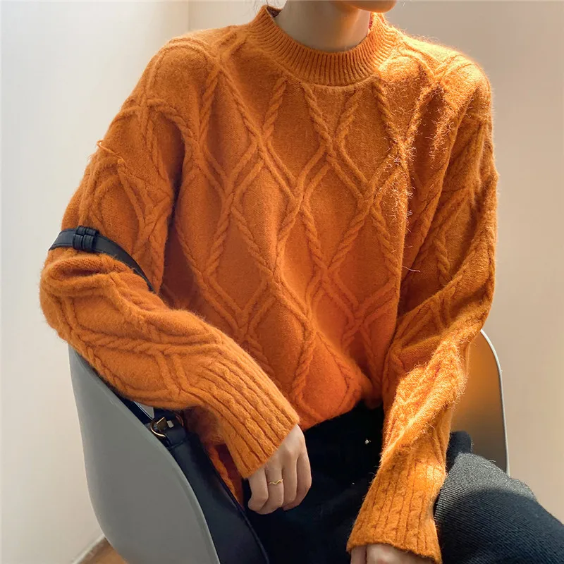 

Pullover Women Loose Round Neck Knitted Sweater 2020 Autumn Winter New Solid Color Top Pull Femme