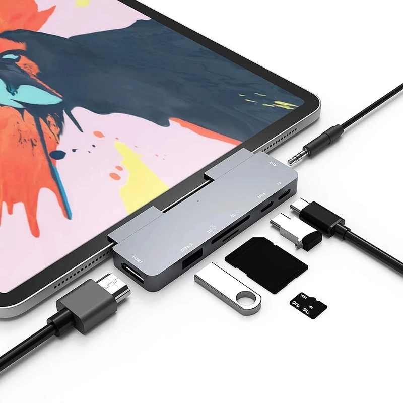 7 in 1 USB C Hub Type C to Hdmi Adapter Sd Tf Card Reader 3 5mm Headphone Jack Pd Fast Charging for iPad Pro 2018 2020