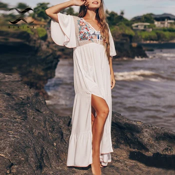 

V neck mesh swimsuit cover up Summer 2020 new beach dress White floral print bikini cover-ups Long tunic for women beach wear