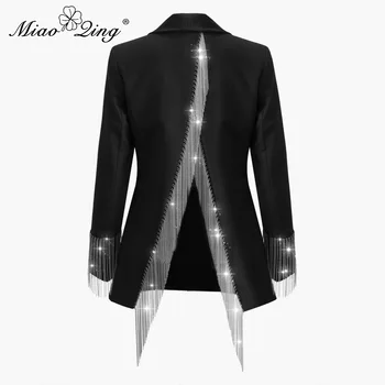 

MIAOQING Heavy Chains Tassel Coats Female Long Sleeve Single Button Backless Irregular Overcoat Women 2019 Spring