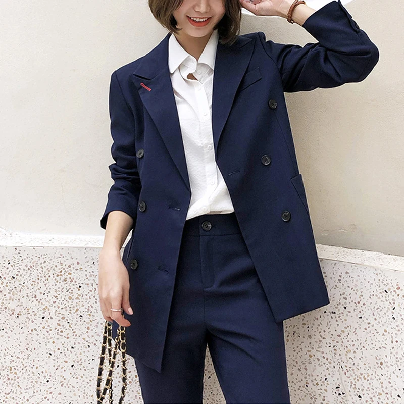 

Vintage Double Breasted Women Pant Suit Navy Blue Notched Blazer Jacket & Elastic Waist Pant 2019 Autumn Office Wear Women Suits