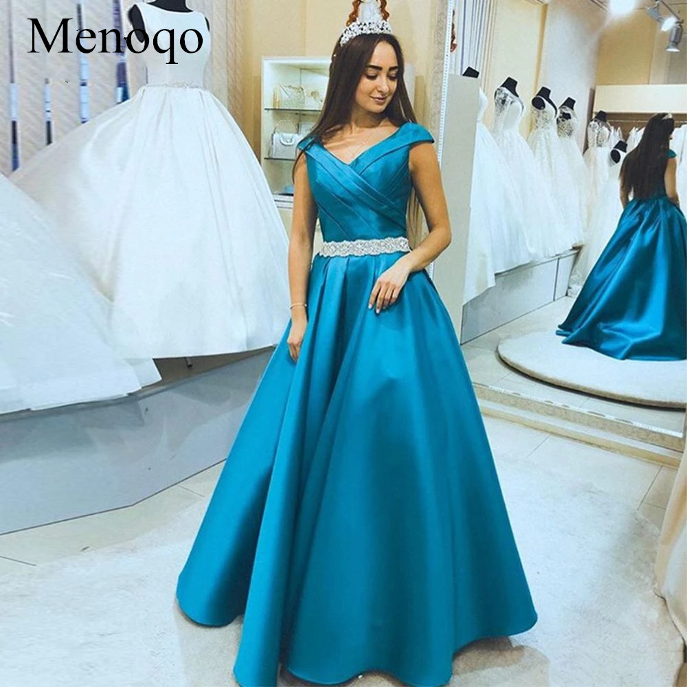 

Menoqo A line V-Neck Evening Dresses 2019 Elegant Cap Sleeve Floor Length Satin Formal Evening Party Gowns P16JY25