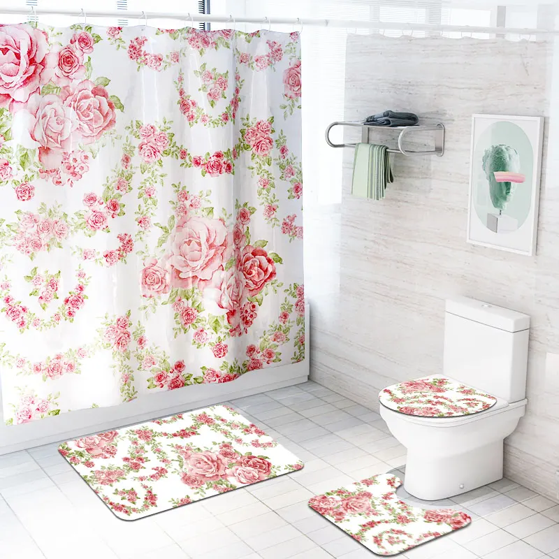 Rose Waterproof Fabric Shower Curtains Flowers Printed Bath Curtain Set Toilet Cover Pad Floor Mat Bathroonm Decoration | Дом и сад
