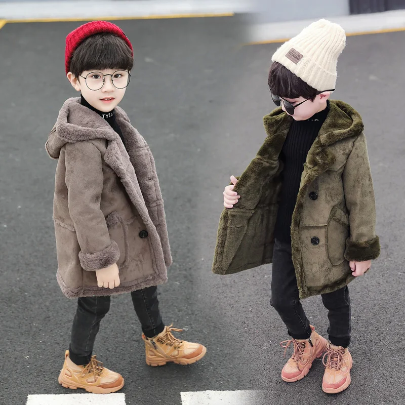 Boys Thickened Suede Fur Jacket Autumn Winter New Children's Velvet Warm Outerwear Clothes Kids Fashion Hooded Overcoat B352