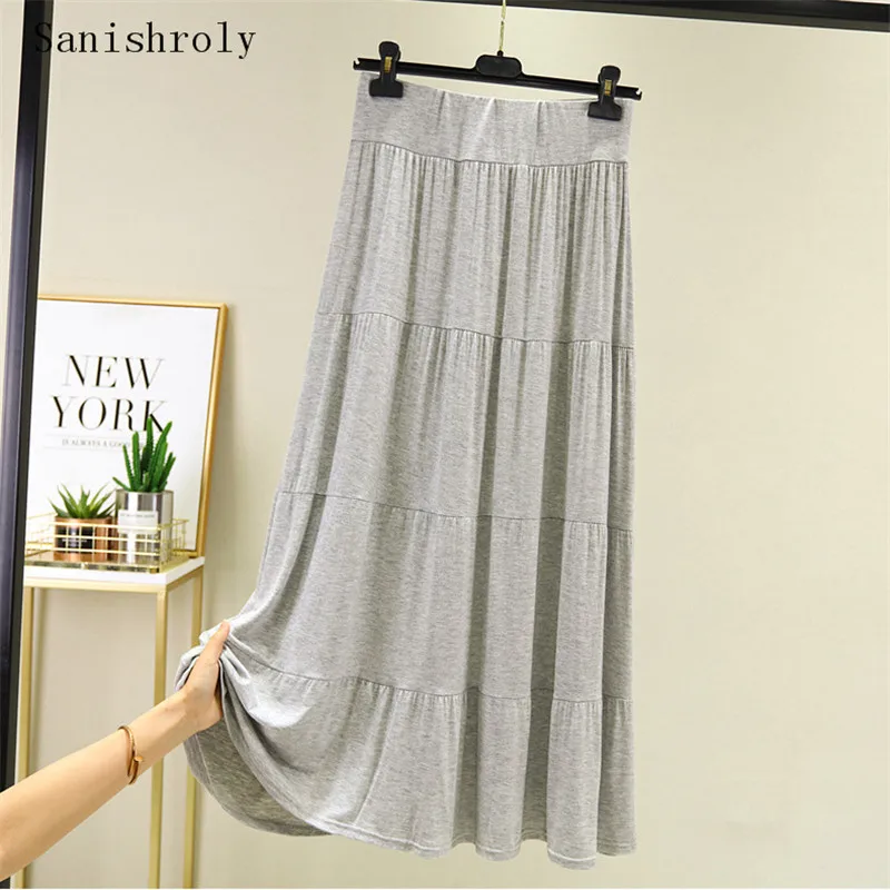 2022 여름 가을 여성 롱 A 라인 플리츠 스커트, 단색 탄성 하이 웨이스트 모달 스커트, 여성 빅 스윙 맥시 스커트, Saia SE1236