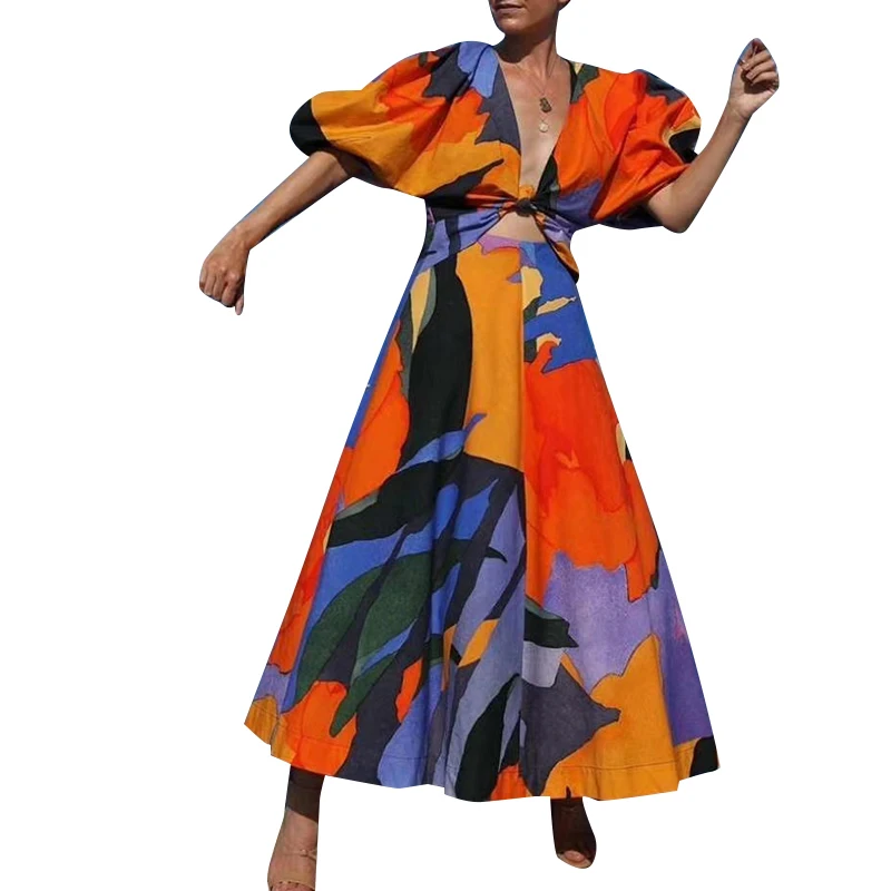 kb.jpg TWOTWINSTYLE Casual Print Summer Dress Women V Neck Lantern Half Sleeve High Waist Hollow Out Hit Color Midi Dresses For Female